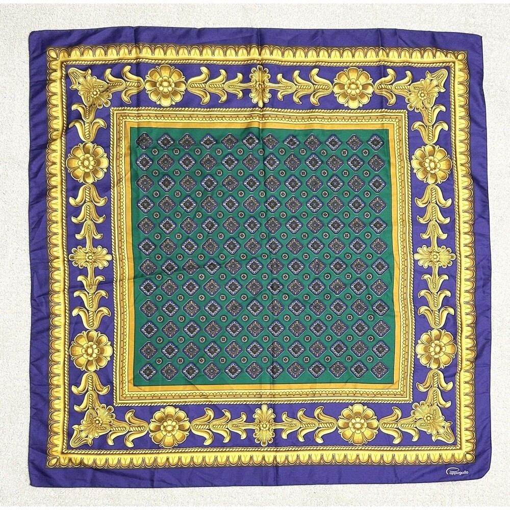 Vintage Pappagallo Gold Purple Green Scarf Or Wrap Large 34” Square Italy